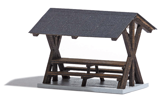 Table & Benches w/Canopy -- Laser-Cut Wood Kit - 1-1/2 x 1-5/16 x 1-3/16" 3.8 x 3.3 x 3cm