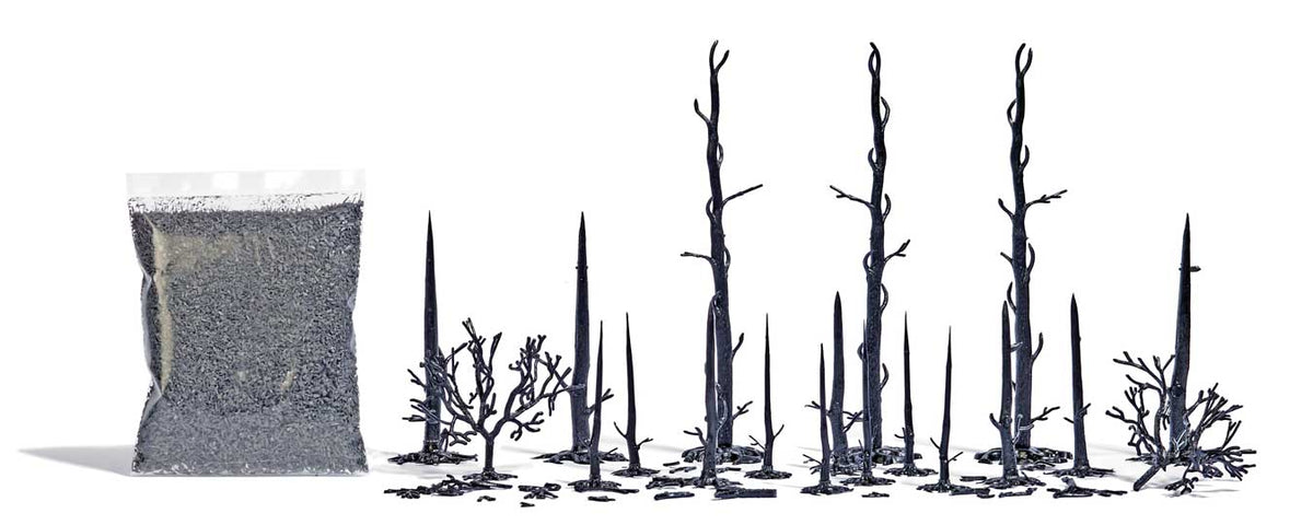 Burnt Forest -- 17 Burnt Trees, 2 Bushes, Branches, Burnt Debris