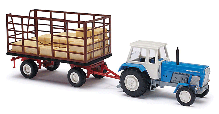 1967 Fortschritt ZT303 Farm Tractor w/Enclosed Cab - Assembled -- With Hay Wagon (blue, white, gray)