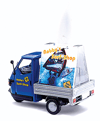 2006 Piaggio Ape 50 3-Wheel Pickup Truck - Assembled -- With Surf Board Sign Load, Surf Shop (blue)