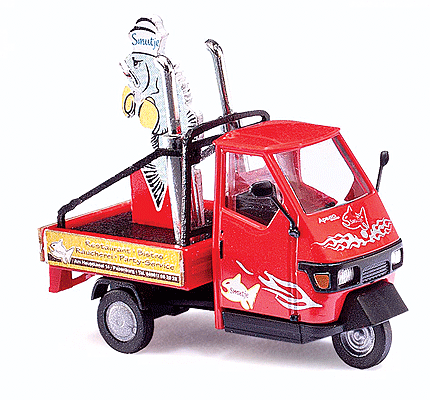 2006 Piaggio Ape 50 3-Wheel Pickup Truck - Assembled -- With Big Fish Sign, Fischhandlung (red, yellow, German Lettering)