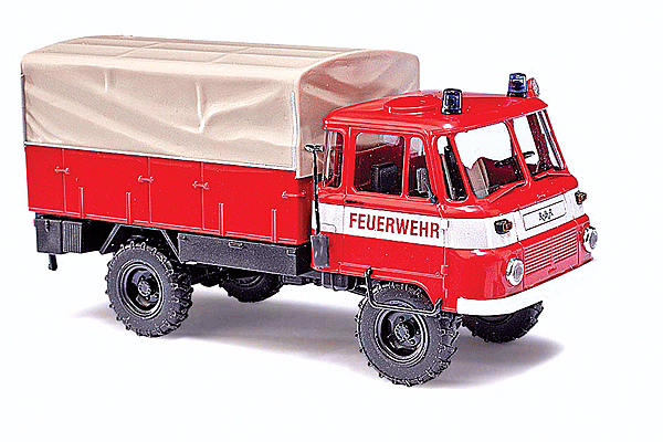 Emergency 1973-1990 Robur LO 2002 A Delivery Truck - Assembled -- With Tarp Cover, Fire Department (red, white, German Lettering)