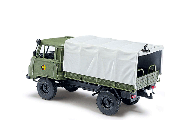 1973-1990 Robur LO 2002 A Low-Side Delivery Truck w/Canvas Cover - Assembled -- With Berlin Wall Section, NVA (green, German Lettering)-1