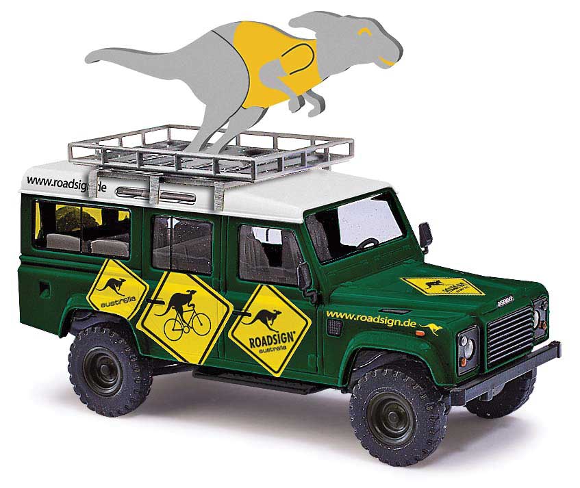 1983 Land Rover Defender SUV with Roof Rack - Assembled -- Road Signs with Rooftop Kangaroo (green, yellow, white, German Lettering)