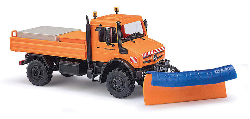 2014 Mercedes-Benz Unimog U 5023 Heavy-Duty Truck w/Snowplow - Assembled -- Street Department (orange, red, white, German Lettering)