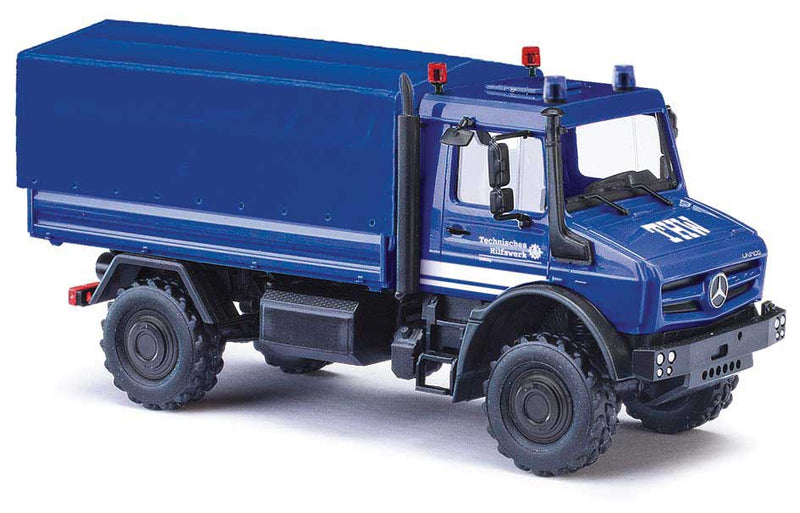 2014 Mercedes-Benz Unimog U 5023 Heavy-Duty Low-Side Truck w/Cover - Assembled -- THW (blue, white, German Lettering)