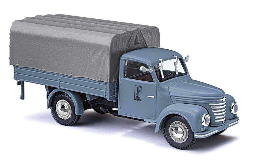 1957 Framo V901-2 Low-Side Truck with Tarp Cover - Assembled -- Leuna Werke (blue, gray, German Lettering)