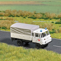 1973-1990 Robur LO 2002 A Low-Side Truck w/Working Light & Cover - Assembled -- German Red Cross DRK (white, red, black, German Lettering)