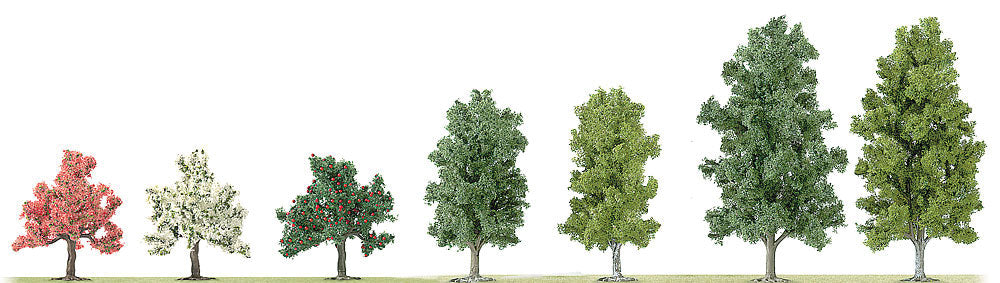 Assorted Small Trees in Point-of-Purchase Display - 45 Trees Total -- 8 Each White & Pink Blossom, 12 Apple, 9 Booking, 8 Birches - Tallest 5-7/8"-1