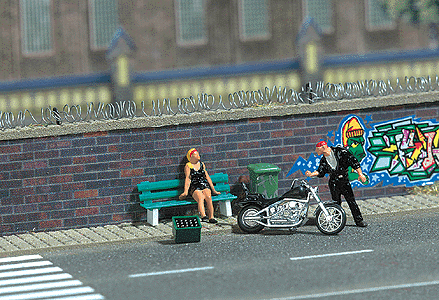 Complete Miniature Scene -- "Rocker Date" - Includes: Motorcycle, 2 Figures, Bench & Trash Bin