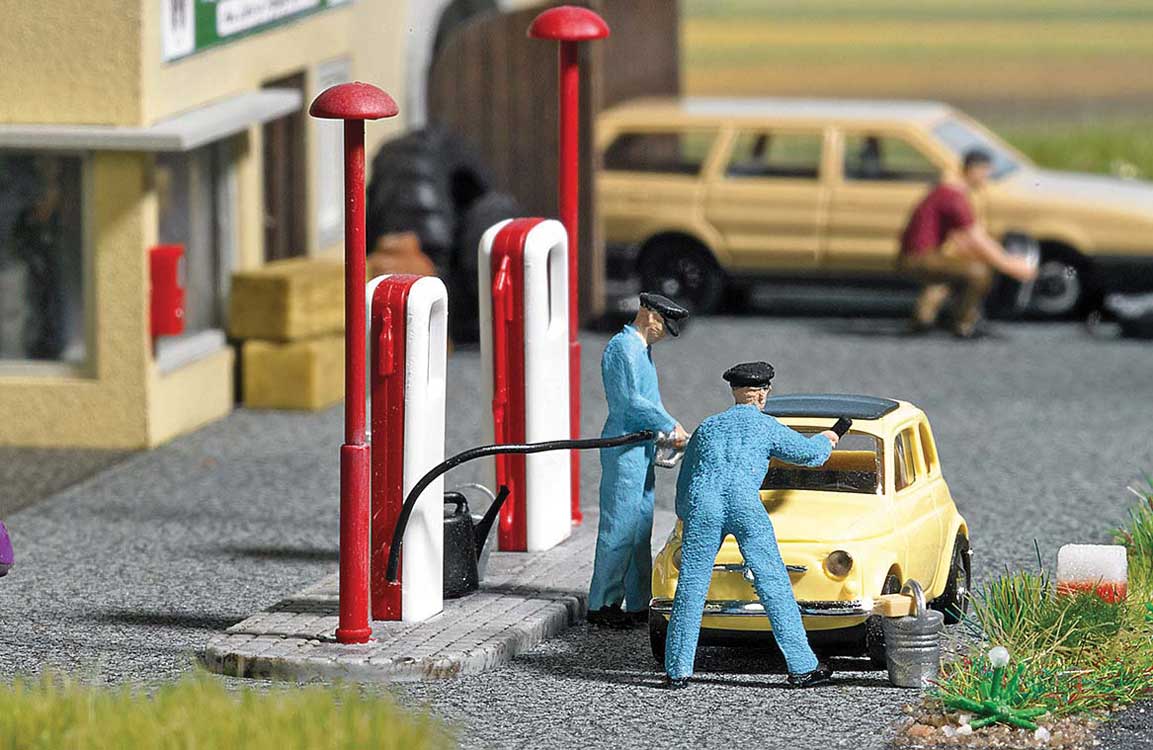 Complete Miniature Scene -- Fill 'Er Up Gas Station Scene, Fiat 500, 2 Station Attendants, Accessories-2