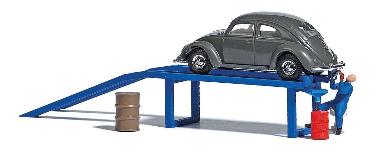 Complete Miniature Scene -- Oil Change Ramp, VW Old Beetle, Barrels, Figure-1