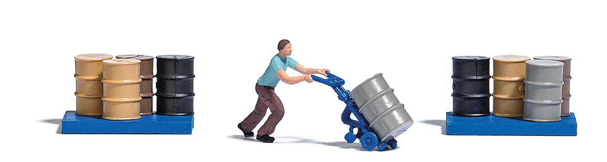 Man with Barrel Cart Miniature Scene -- Man with Barrel Cart, 9 Steel Drums, 2 Barrel Platforms-1