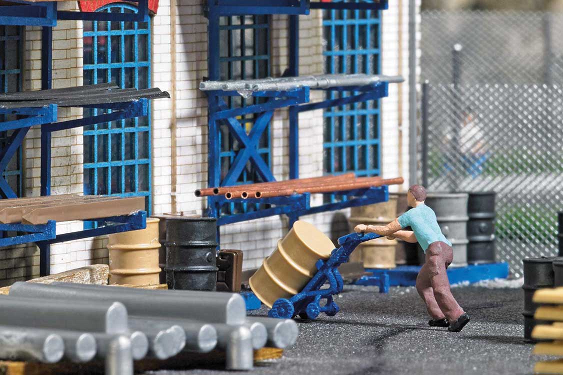 Man with Barrel Cart Miniature Scene -- Man with Barrel Cart, 9 Steel Drums, 2 Barrel Platforms-2