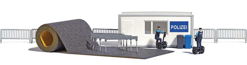 Portable Police Station Miniature Scene -- Container, 2 Police on Segways, Asphalt Road, Barricades-1