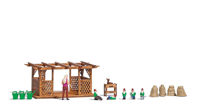 Garden Miniature Scene -- Woman Gardener, 5 Gnomes, Real-Wood Pergola Kit, Garden Accessories-1