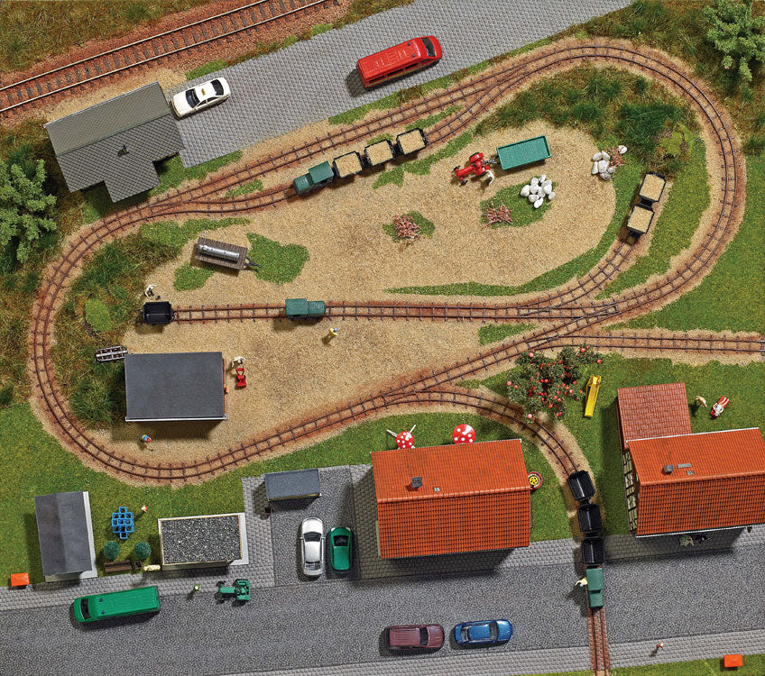 Non-Operating Narrow Gauge industrial Railroad Starter Set - Feldbahn -- Gmeinder 15/18 Loco, 4 Side-Dump Cars, Plastic Track-1