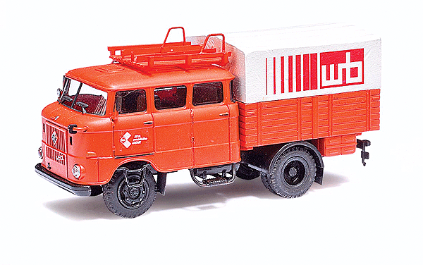 W50L RTGW Crew-Cab Truck w/Low-Side Bed & Tarp Cover - Assembled -- Wohnungsbau Fire Department (orange, gray, German Lettering)