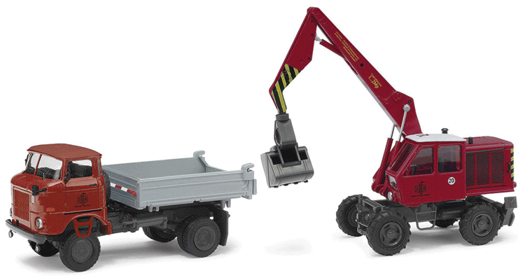 IFA W50LA 3SK Low-Side Dump Truck & Weimar T174 Excavator - Assembled -- Ziegelei Rotes Banner (red, gray Truck, red Excavator)