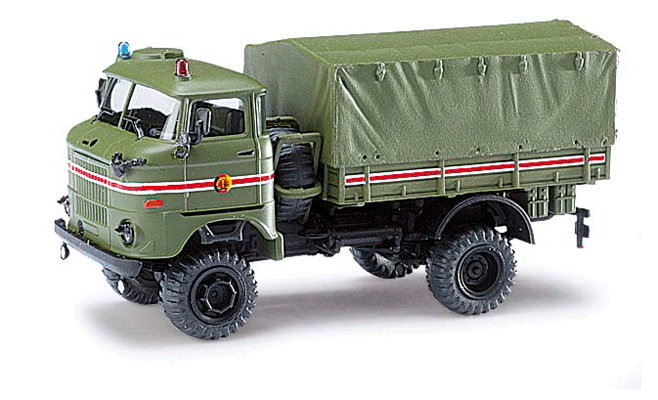1969 IFA W50LA/A Low-Side Truck w/Canvas Cover - Assembled - Espewe -- With Berlin Wall Section, Kommandantendienst (green, red, German Lettering)