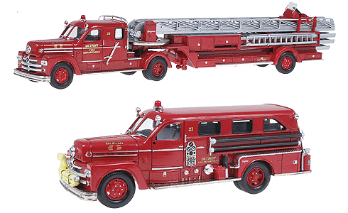 Heroes Under Fire(tm) Emergency Fire Dept. Vehicles - Seagrave 70th Set -- Detroit Sedan Pumper and Tractor-Drawn Aerial Ladder