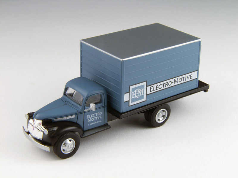 1941-1946 Chevrolet Box Delivery Truck - Assembled - Mini Metals(R) -- Electro-Motive Division EMD (blue, black, white)-1