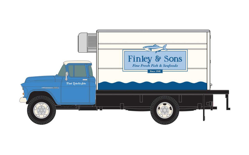 1955 Chevrolet Box-Body Reefer Delivery Truck - Assembled -- Finley & Sons Seafood (white, blue)