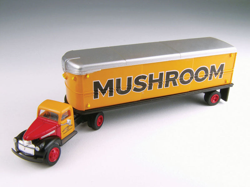 1941-1946 Chevrolet Tractor w/AeroVan Trailer - Assembled - Mini Metals(R) -- Mushroom Transportation (orange, black)-1