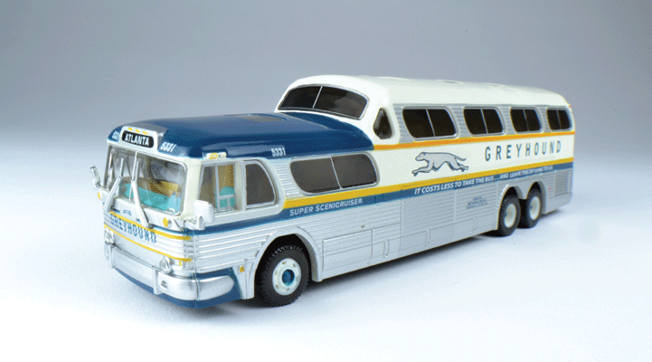 1954 GMC PD4501 Scenicruiser Bus - Assembled -- Greyhound (1960 Scheme; silver, white, blue, gold; Destination: Atlanta)