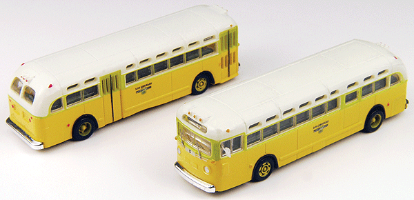 GMC TD 3610 Transit Bus 2-Pack - Assembled - Mini Metals(R) -- National City Lines (yellow, green, white; Destination: Los Angeles)