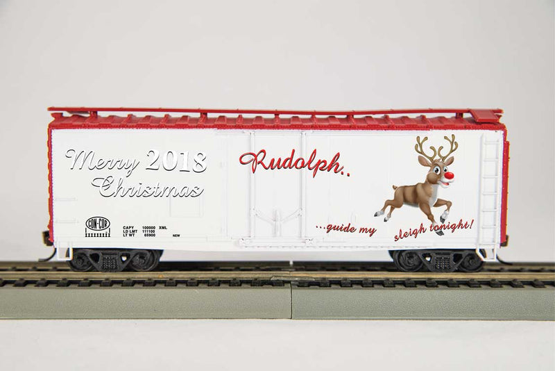 40' Plug-Door Boxcar - Ready to Run -- 2018 Rudolph Christmas Car (white, red; "...Guide My Sleigh Tonight" Sloga