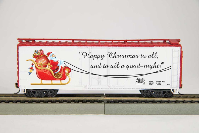 50' Plug-Door Boxcar - Ready to Run -- 2018 Christmas Car (Santa & his Sleigh, "Happy Christmas to All..." Slogan
