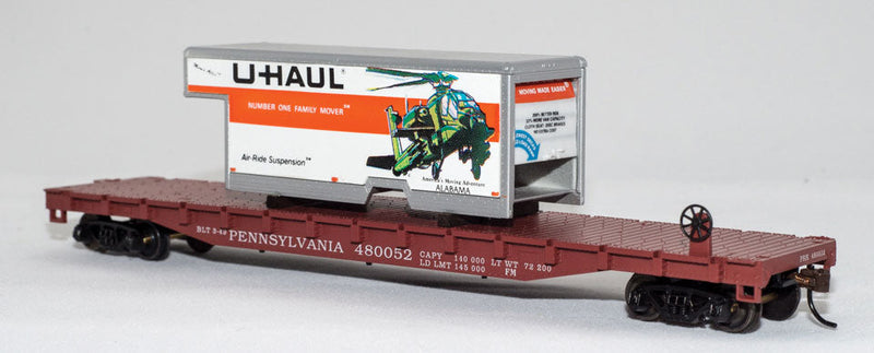 54' Flatcar w/U-Haul Truck Body Load - Ready to Run -- Pennsylvania Railroad #480052 (Tuscan w/Alabama Body)