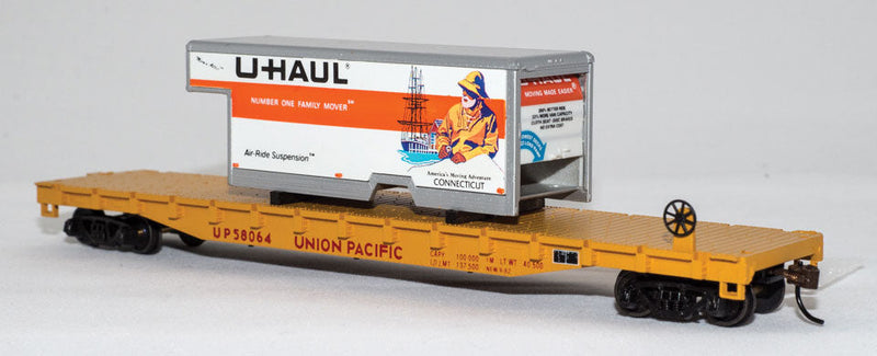 54' Flatcar w/U-Haul Truck Body Load - Ready to Run -- Union Pacific #58064 (Armour Yellow w/Connecticut Body)