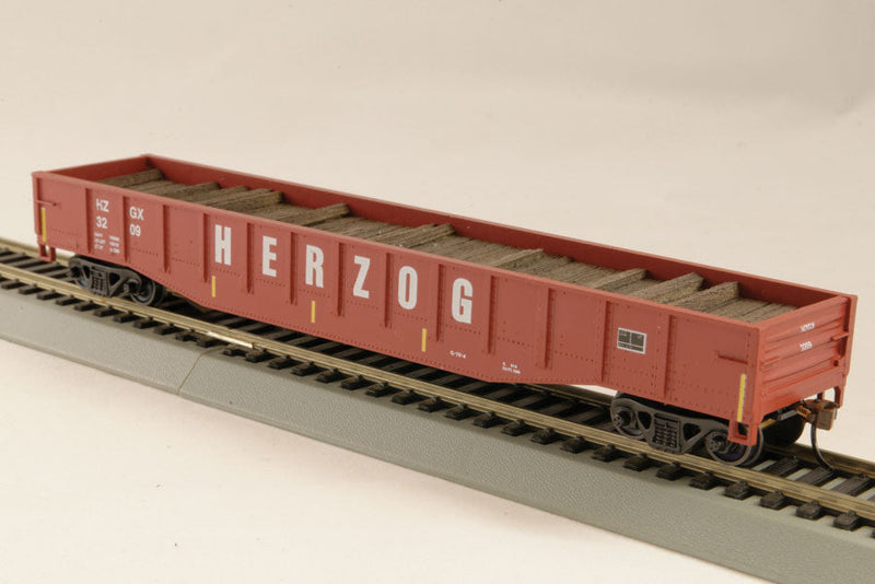 Steel Gondola w/Full Tie Load - Ready to Run -- Herzog #1 (oxide, Large Lettering, yellow Conspicuity Marks)