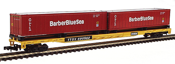 89' Flatcar w/Two 45' Trailers -- Trailer Train (New Logo) w/2 Barber Blue Sea Containers