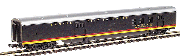 85' Streamlined Smoothside Railway Post Office/Baggage Car -- Kansas City Southern (black, red, yellow)