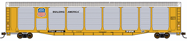Tri-Level Auto Rack w/Micro-Trains Couplers - Ready to Run -- Union Pacific Rack (yellow, Building America Logo), TTX Flatcar (yellow)