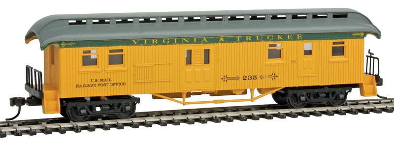 1880s Wood Open-Platform Baggage-RPO - Ready to Run -- Virginia & Truckee #235 (yellow, green, gray)