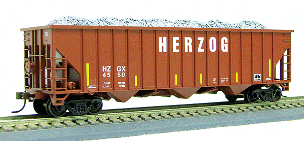 Greenville 100-Ton 15-Panel 3-Bay Hopper w/Coal Load - Ready to Run -- Herzog (Boxcar Red, yellow Conspicuity Markings)