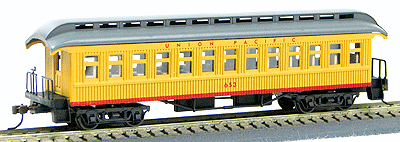 1880s Wood Open-Platform Coach - Ready to Run -- Union Pacific #661 (yellow, gray)