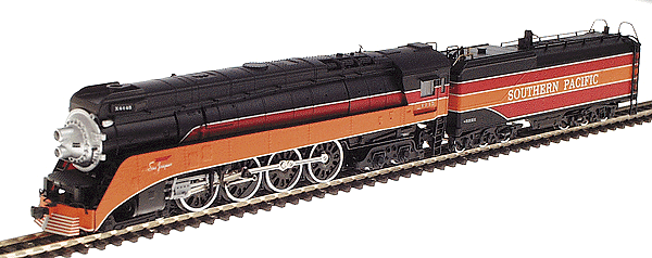 Steam Powered 4-8-4 GS-4 w/Tender -- SP #4445 (Daylight Colors w/San Joaquin on Skirt w/"Southern Pacific" Tend