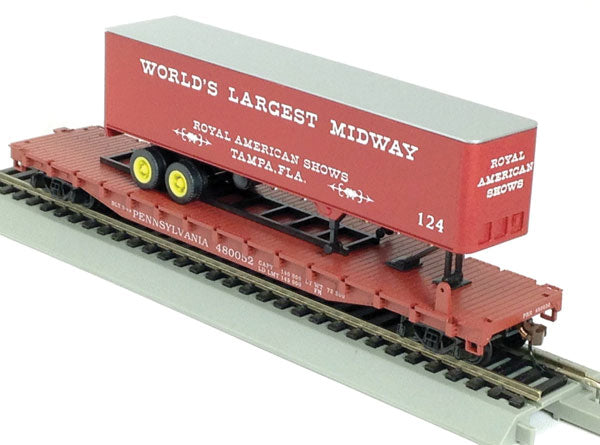 54' Flatcar w/40' Trailer - Kit -- Pennsylvania Railroad #480052 (Tuscan w/Royal American Shows red Trailer)