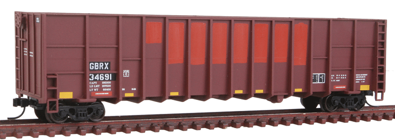 Gunderson Deep-Rib Wood Chip Gondola - Ready to Run -- Greenbrier Leasing GBRX #34691 (Ex-NP Car, Boxcar Red)-1