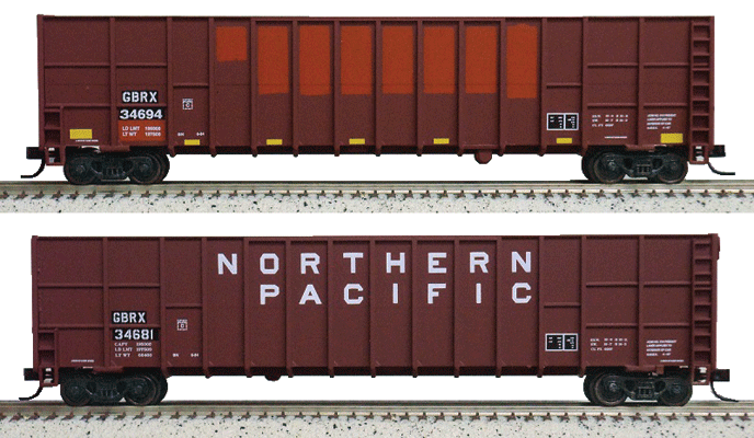 Gunderson Deep-Rib Wood Chip Gondola 2-Pack - Ready to Run -- Greenbrier Leasing GBRX #34681, 34694 (Ex-NP Car, Boxcar Red)-1