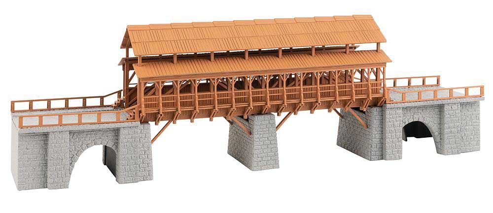 Covered Wooden Railway Bridge with Stone Approaches/Abutments -- Kit - 15-9/16 x 3-1/8 x 4-3/4" 38.5 x 8 x 12cm-2