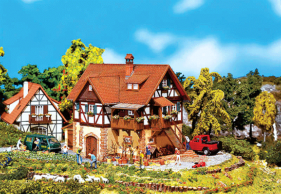 Half-Timbered House, Rural Architectural Style - Painted/Weathered Model -- 6-1/2 x 4 x 4-11/16" 16.6 x 10.3 x 11.9cm