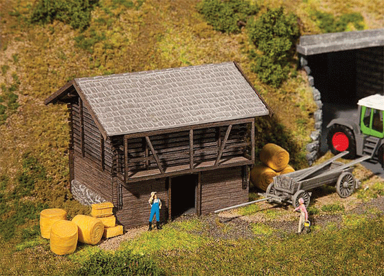 Hay Barn -- Weathered Laser-Cut Wood Kit - 3-5/8 x 3-1/4 x 2-7/8" 9.2 x 8.2 x 7.3cm