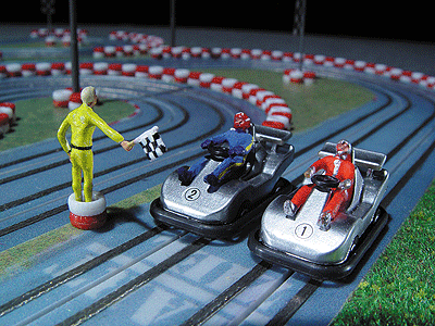 Set of Go-Karts, Limited Special Series, Era IV -- Two Assembled Vehicles w/Drivers, Starter Figure w/Checkered Flag, Boxed