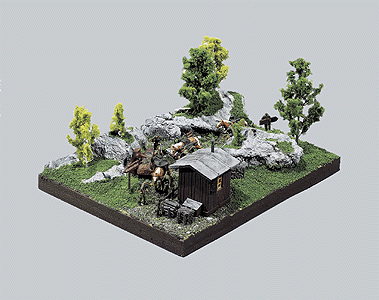 Military - Mountain Infantry Diorama Set/Kit -- 6 Unpainted Figures, 3 Pack Horses w/Gear, Hut, Ground Cover & Base